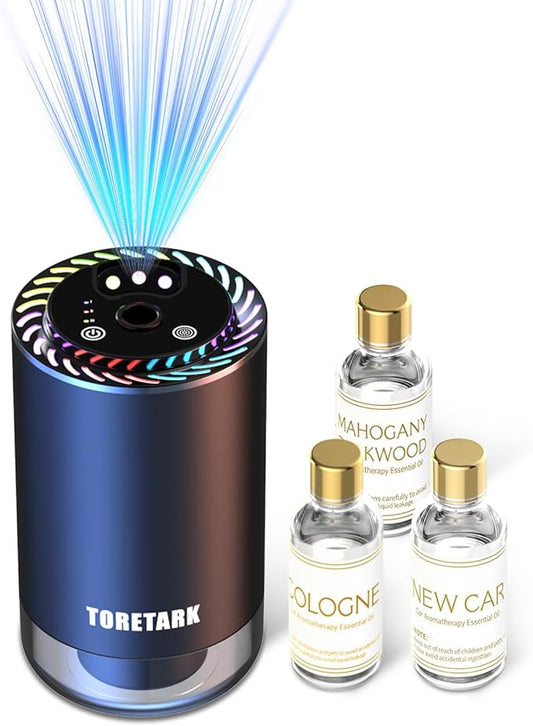 Smart Car Air Freshener with Star Light & 150ml Diffusers Oil Refills, Auto On/Off Aroma Diffuser, 3 Adjustable Modes Rechargeable - Car Diffuser（Cologne+New Car Smell+Mahogany Teakwood）
