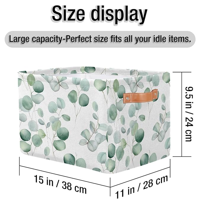 Eucalyptus Leaves Storage Baskets for Organizing, Fabric Collapsible Storage Bins Box Sage Green Decorative Toy Organizer Baskets for Closet Shelves Gift Basket 1 Pc