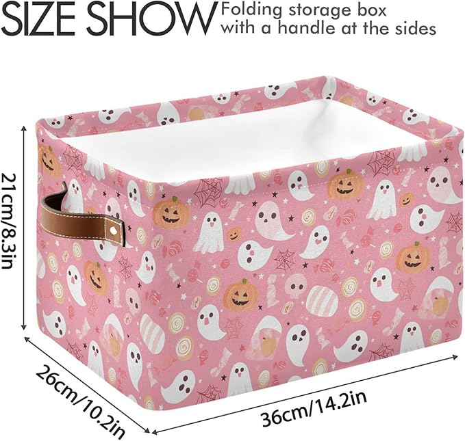 Wamika Halloween Pink Storage Basket with Waterproof Liner and PU Handles Pumpkin Ghost Candy Storage Bins Boxes 14.2" Collapsible Decorative Organizer Baskets for Bedroom Closet Office 1 Pack