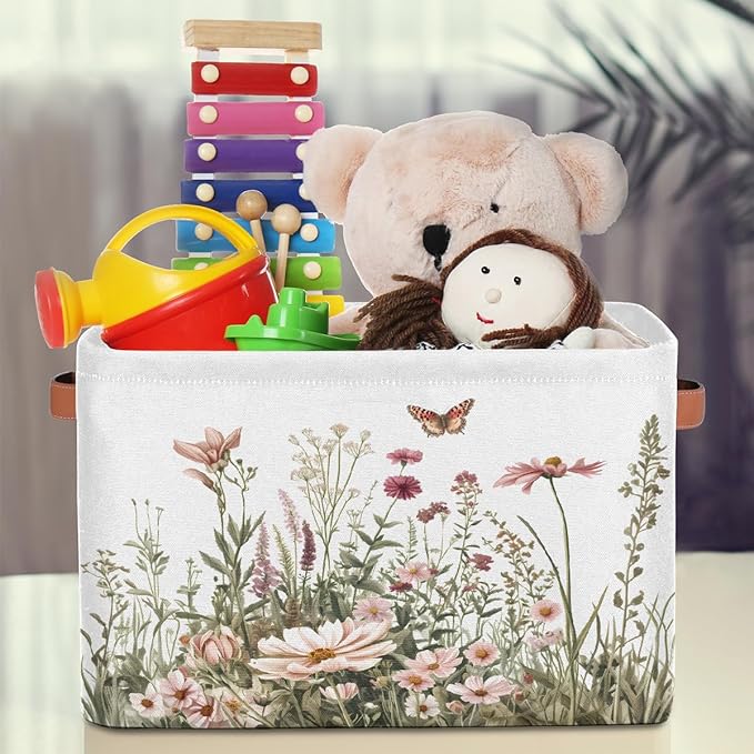 Spring Wildflowers Storage Baskets for Organizing, Fabric Collapsible Storage Bins Box Plants Floral Decorative Toy Organizer Baskets for Closet Shelves Gift Basket 2Pcs
