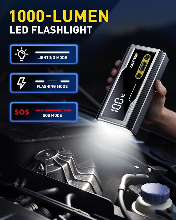 AUXITO 6000A Jump Starter, 12V Car Battery Jump Starter, Up to All Gas & 12L Diesel Engine with LED Display, Portable Jump Box with 3 Modes Flashlight and Jumper Cable, Storage Case