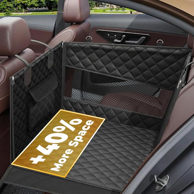 Large Dog Car Seat Integrated Hard-Back, Durable Waterproof Rear Seat Extension Pad Features Dual mesh Windows and Storage Pockets Fits sedans, SUVs, and Trucks