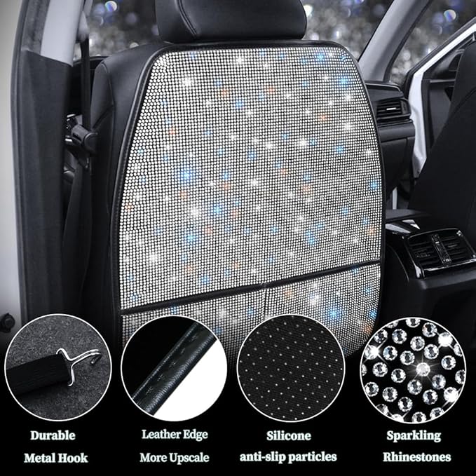 Bling Crystal Car Seat Back Kick Protectors with Storage, Sparkly Diamond Kick Mats, Universal Seat Protector for SUV and Automotive Crystal Auto Accessories for Women White 2pcs