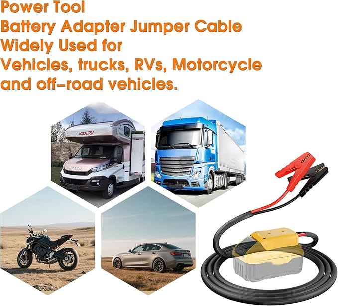 Jumper Cables with Adapter for Dewalt 20V Battery, 3.3FT 8AWG Portable Battery Jumper Starter Automotive Booster Cables Power for Car Jump Starting Using Tool