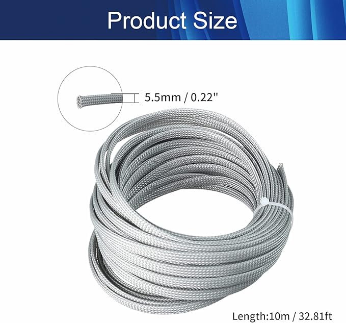 Aicosineg 32.81ft PET Flexible Braided Cable Sleeve 0.25inch Width Wire Loom Sleeving and Organizer Flexible Wire Mesh Sleeve Wrap Protector for TV Audio PC Cords from Pets Chewing Gray