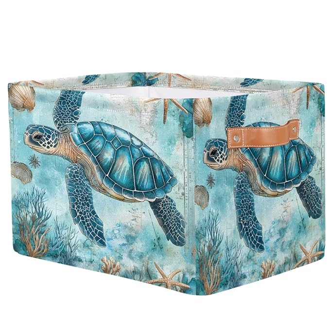 Turquoise Turtle Storage Baskets for Organizing, Fabric Collapsible Storage Bins Box Ocean Seashell Decorative Toy Organizer Baskets for Closet Shelves Gift Basket 1 Pc