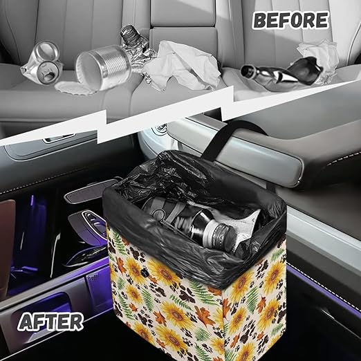 Sunflower Maple Leaf Paws Print Car Trash Can Cute Leakproof Car Garbage Bag Hanging Trash Bin Automotive Garbage Cans for Back/Front Seat/Console Car Accessories