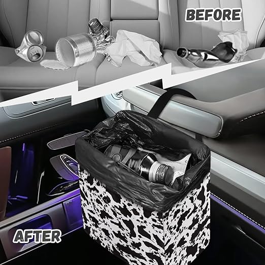Cowhide Black Car Trash Can for Back Seat Car Accessories for Women Men Leakproof Auto Garbage Cans Hanging Trash Bin for Car Water-Resistant