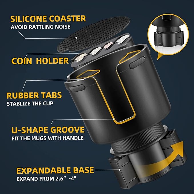 GDQ 2-in-1 Car Cup Holder Expander with Coin Organizer - Adjustable Base, Universal Fit for Most Vehicles, Compatible with Yeti/Stanley Large Mugs & All Handle Cups, Automotive Interior Storage