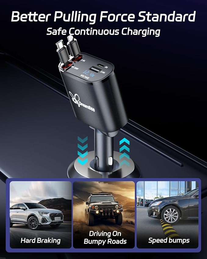 DreamBee Retractable Car Charger,66W 4 in 1 Super Fast Charge Car Phone Charger,Gifts for Men Women Car Truck Accessories for iPhone 17/16/15/14/13 Pro Max XR,iPad,Samsung,Pixel