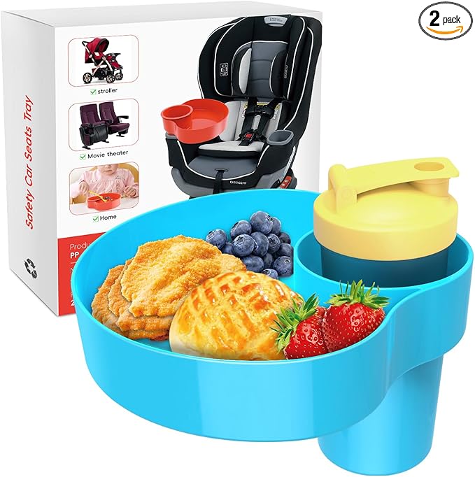 Car Seat Snack Tray for Kids: Kids Car Travel Tray with Cup Holder, Toddlers Road Trip Essential, Snacks Food Plate for Stroller, SnackTray with a Cup Holder (2, Sky Blue)