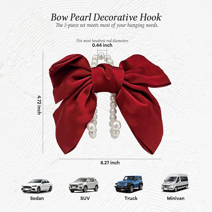 2PCS Satin Bow Pearl Car Seat Headrest Hooks – Car Bag Holder & Vehicle Hanger for Purses – Cute Coquette Aesthetic Interior Decoration – Cute Auto Organizer Accessories Universal (Red)