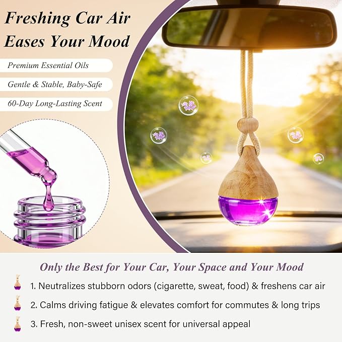 Car Air Freshener in Glass, Refillable Car Essential Oil Diffuser Lavender Scent – Reusable Fragrance Diffuser for Auto Odor Eliminator & Interior Decoration for Fresh and Relaxing Driving-2 Pack