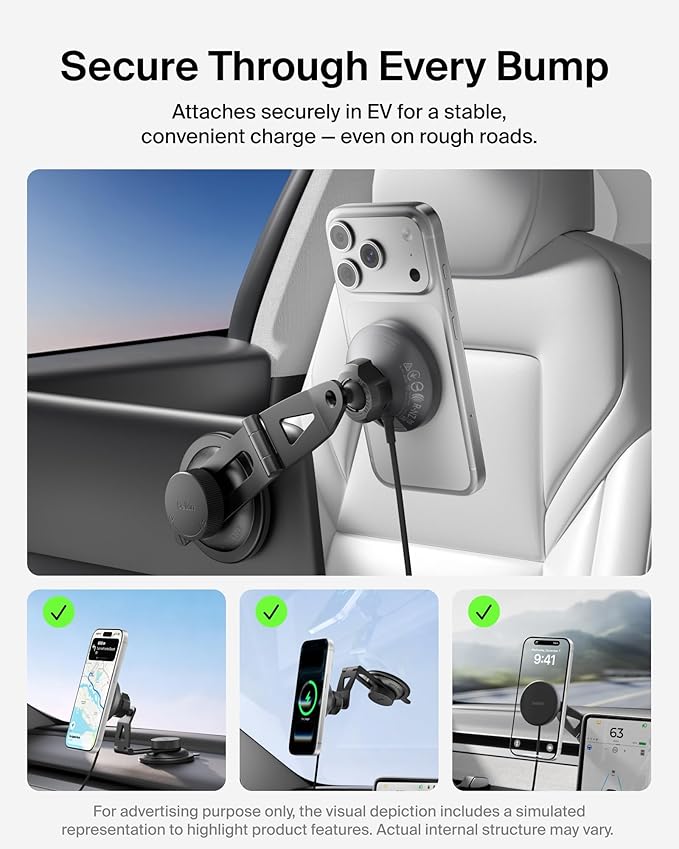 Belkin Tesla Phone Mount, Magnetic Wireless Car Mount for EV (Strong Magnet) w/ 3.3ft USB C Cable, Qi2 MagSafe Compatible Fast Charging for iPhone 17/16/15, Model 3, Model Y, etc. - Tesla Accessories