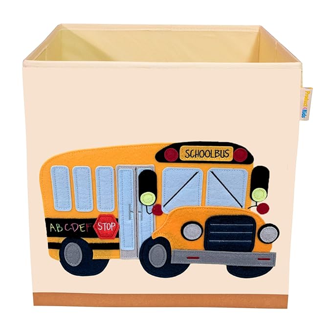 Washable Cube Storage Organizer Bins, Foldable Canvas Toy Organizers and Storage for Toys, Books, Clothes- Kids Storage Bins for Bedroom or Playroom -13x13x13 Inch (School Bus)