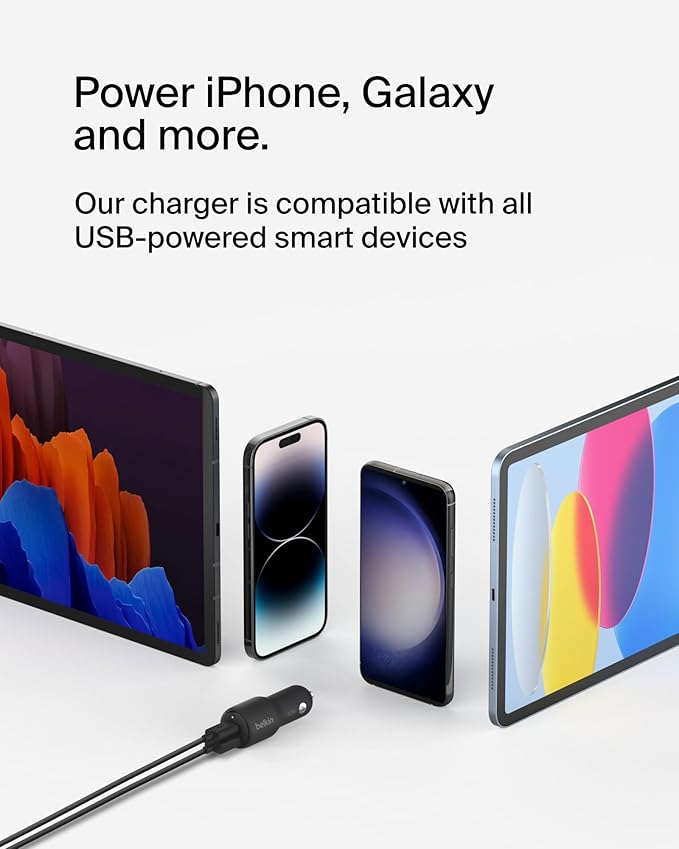 Belkin BoostCharge Dual Car Charger 42W w/Fast Charge USB-C 30W PPS & 12W USB-A Ports + USB-C to Lightning Cable for Apple iPhone 16, Pro, Pro Max, iPhone 15, & More - Black