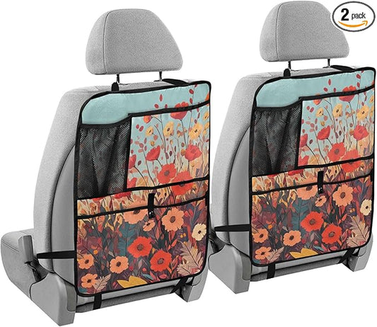 2 Pack Back Seat Car Organizer with Storage Pockets Kick Mats Back Seat Protector Hanging Car Organizer Automotive Seat Back Cover Organizers Autumn Poppy Flowers