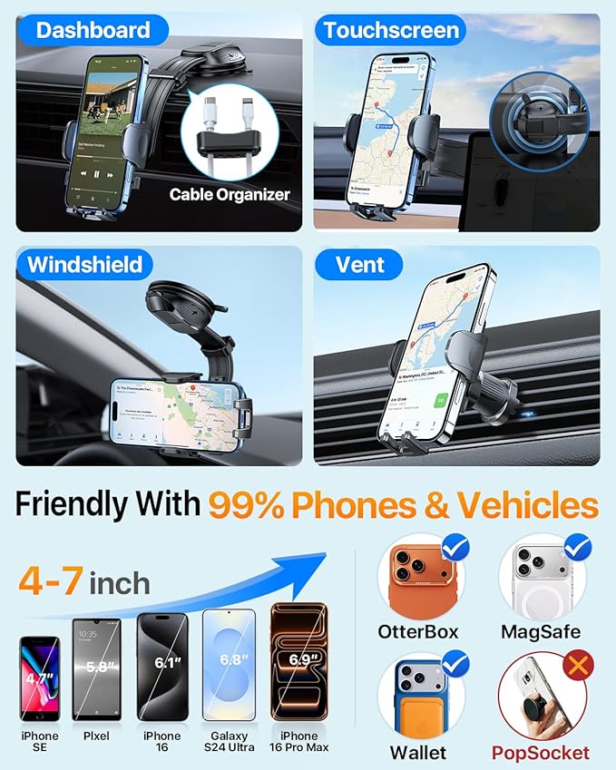 HTU【Upgraded Strongest Suction Car Phone Holder【Bendable Arm, Never Block View】 Rotatable Cellphone Mount for Dashboard Windshield Vent,Cradle Stand for iPhone 17 16 15 14 13 12 Pro Max, Light Gray
