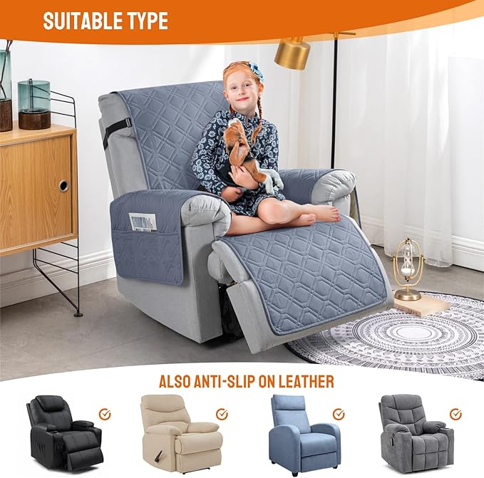 VANSOFY 100% Waterproof Recliner Chair Covers, Recliner Cover Non-Slip Dog Chair Cover Furniture Protector Washable Slipcover with Pocket, Elastic Straps for Pets, Dogs(Slate Gray, 22")