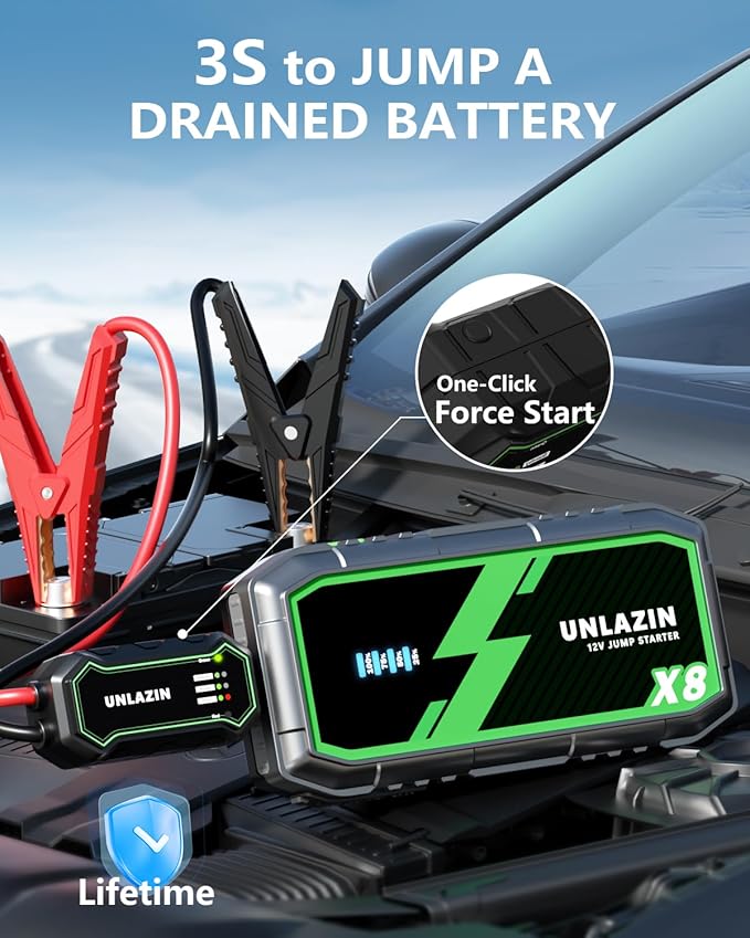 X8 Jump Starter 8000A Battery Jumper Starter Portable with Force Start, 12V Car Starter Jump Box & Battery Booster for All Gas & Diesel Engines, QC 3.0 Quick Charge, LED Light, Passenger Car