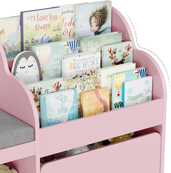 HOSTACK 67" W Kids Reading Nook with Toy Storage Organizer, Large Kids Bookshelf with Toy Storage Box on Wheels, Big Kid Bookcase with Bench and 6 Open Cubbies for Playroom, Kid Room, Pink