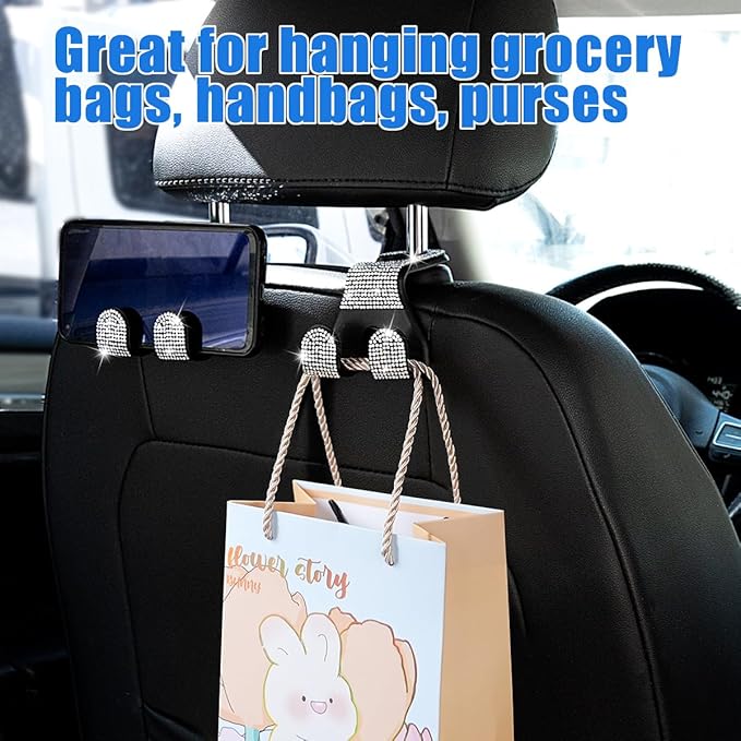MTGOCHA Bling Car Purse Hooks 2Pcs, Durable Car Headrest Hook, Holds 44Lbs, Double-Hooks, Wide-Opening, Rhinestone Automobile Purse Hangers Holder, Bling Car Accessories for Women, White