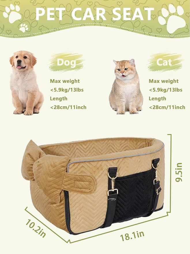 Prpeko Small Dog Car Seat, Portable Dog Seat with Soft Washable Cushion,Center Console Dog Car Seat for Small Dogs Up to 13lbs(Brown)