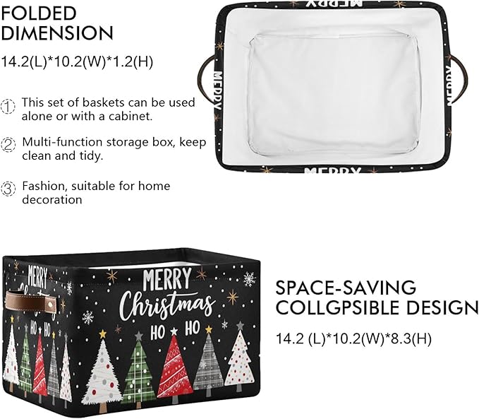 Merry Christmas Tree Black Storage Basket with Waterproof Liner and PU Handles Winter Snowflake Xmas Storage Bins Boxes 14.2" Collapsible Decorative Organizer Baskets for Bedroom Closet Office 1 Pack