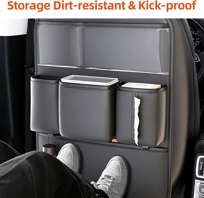 2 Pack PU Leather Premium Car SeatBack Organizer Travel Accessories Kick mats Back seat Protector and Cup Holder Holder Universal Use Seat Covers