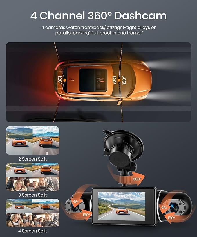 2K Dash Cam 360° View 4 Channel Front and Rear Dash Camera for Cars, 3x1080P, Left Right Dash Camera for Cars, 8 IR Lamps Night Vision, WiFi & APP Control, G-Sensor, 24H Parking Mode