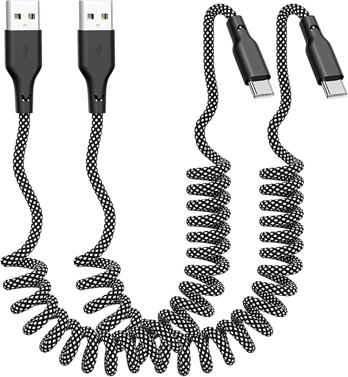 Coiled Carplay Car Charger Fast Charging，[2-Pack, 3ft] Retractable Braid USB A to USB C Cable for iPhone 17/17 Air/16/15/Plus/Pro Max/MacBook Pro, USB C Cord,Grey