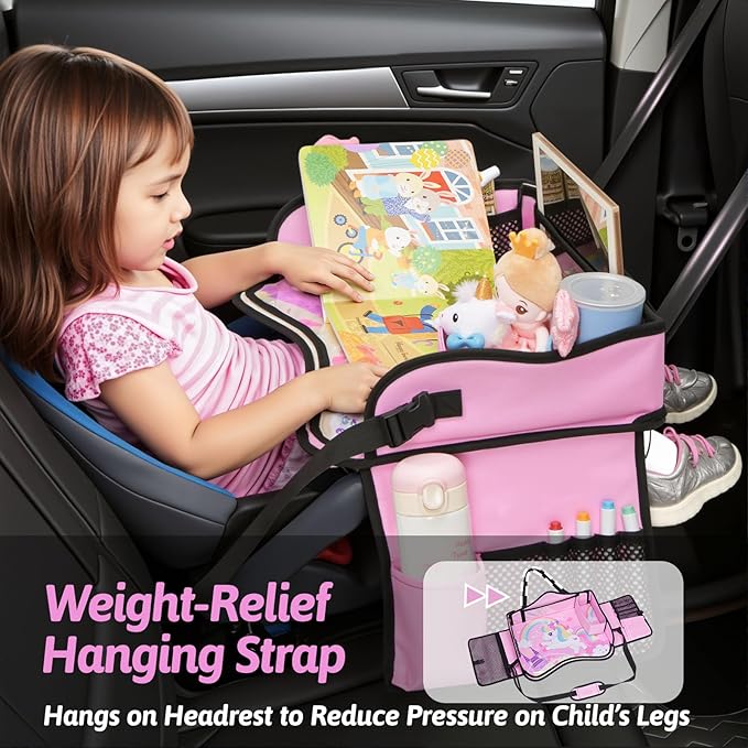 OUOZZZ Kids Travel Tray for Car - Girl's Safety Seat Table, Toddler Road Trip Essentials - Carseat/Airplane Lap Desk with Weight-Relief Strap, Non-Skid Silicone Base, Waterproof Dining/Craft Mat