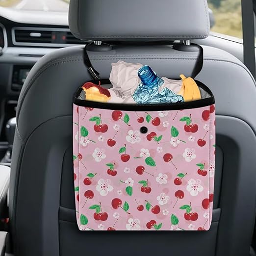 Cherry Blossom Car Trash Can Hanging Trash Bin Leak-Proof Collapsible Car Garbage Bag, Cherries Car Accessories 2 Gal Large Capacity Multipurpose Storage Container Pink