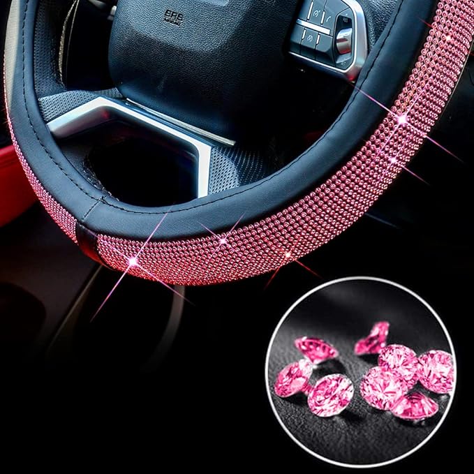 ChuLian New Diamond Leather Steering Wheel Cover with Bling Bling Crystal Rhinestones, Universal Fit 15 Inch Car Wheel Protector for Women Girls Pink Diamond