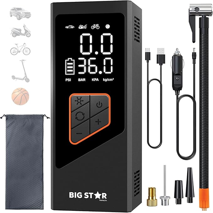 Portable Tire Inflator Air Compressor 150 PSI - Digital Gauge Auto Shut-Off LED Light for Car SUV Motorcycle Bike Balls - Fast 12V DC Pump w/ 10ft Cord (Big Star Trading)