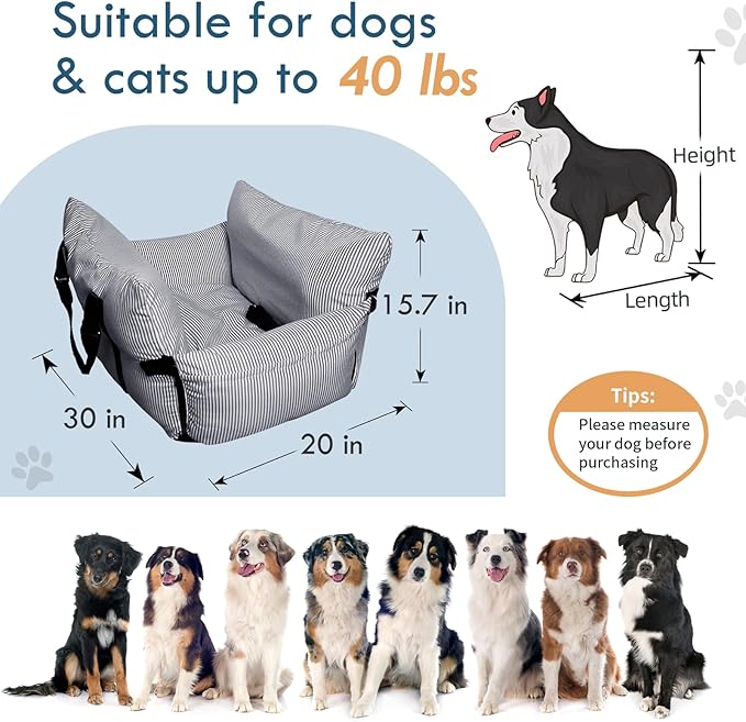 Dog Car Seat for Small/Medium Dogs Under 40 lbs - Elevated Pet Seat with Safety Belt, Non-Slip Base, and Storage Pockets for Car Travel,Navy