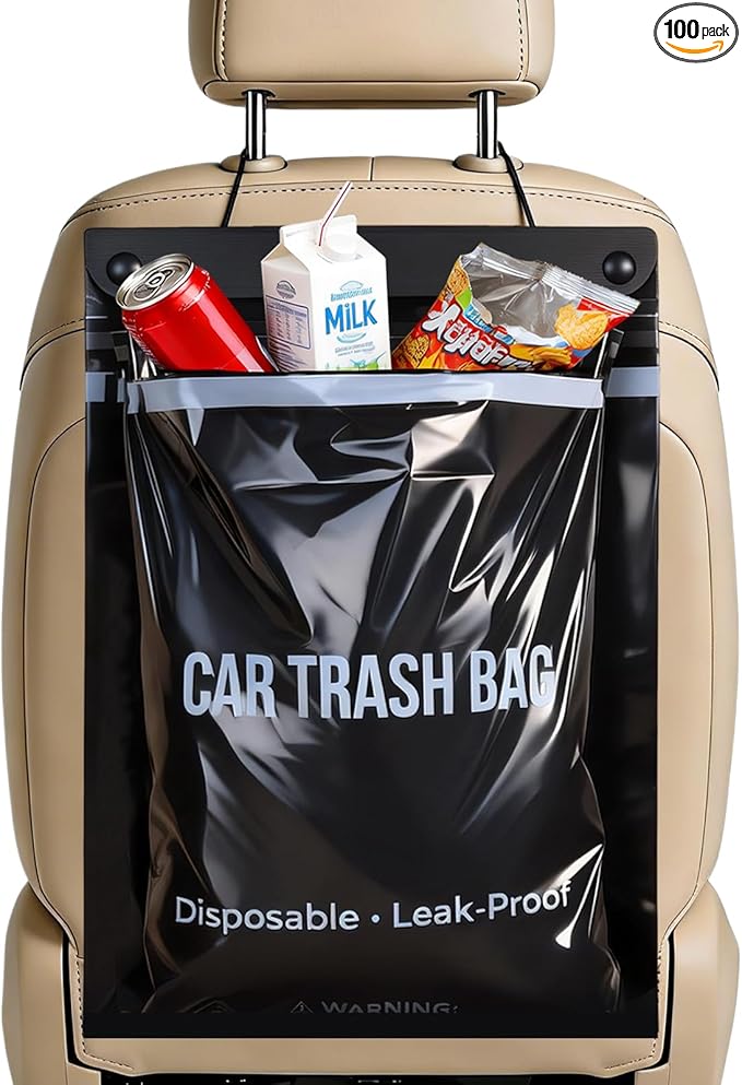 100 Count Recycled Disposable Car Trash Bags - 2 Gallon Heavy Duty Alternative to Bulky Car Trash Can & Car Garbage Can, Leakproof Smellproof Hanging & Stick-On Garbage Bag for Car, SUV, Truck,Vehicle