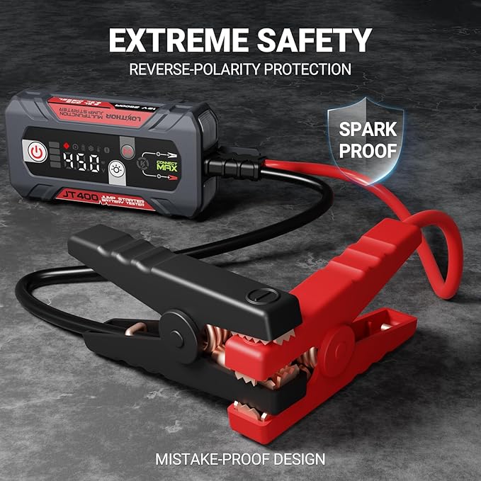 LOKITHOR JT400 2500A Portable Jump Starter with Battery Tester, 12V Car Battery Jump Starter for Up to 8.5L Gas or 6.5L Diesel Engines, 100–2000 CCA Automotive Battery Load Tester