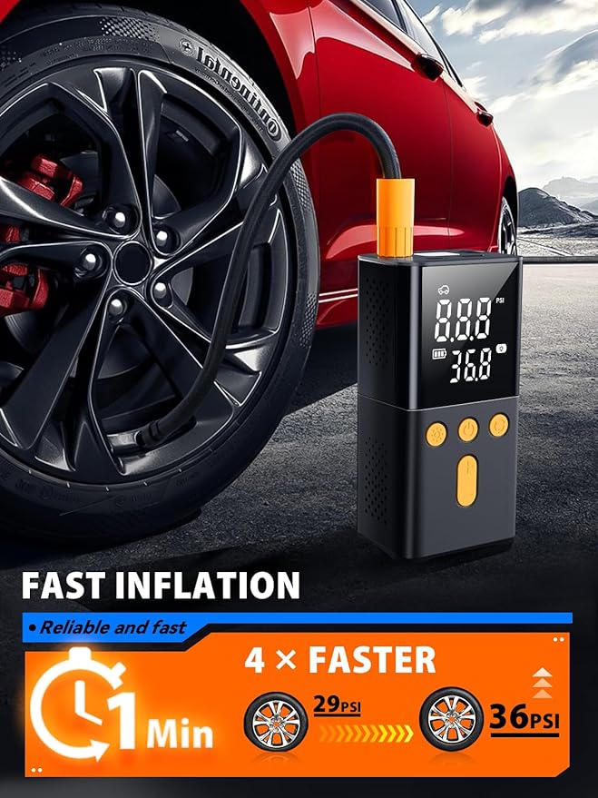 Portable Air Pump for Car Tires 150 PSI, 4X Faster Car Tire Pump with Digital Dual Values Display, Auto Off and Pressure Gauge Car Tire Inflator