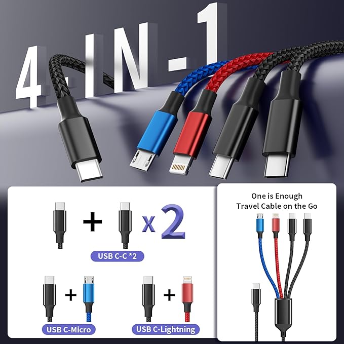 USB C to 4 in 1 Charging Cable with Dual Type-C Port 5FT, Multi Charging Cable for Multiple Devices, USB Cords with IP/Micro/2 USB-C Port for iPhone16/15/14, Androids Tablet Pad Mini Fan (2Pack)