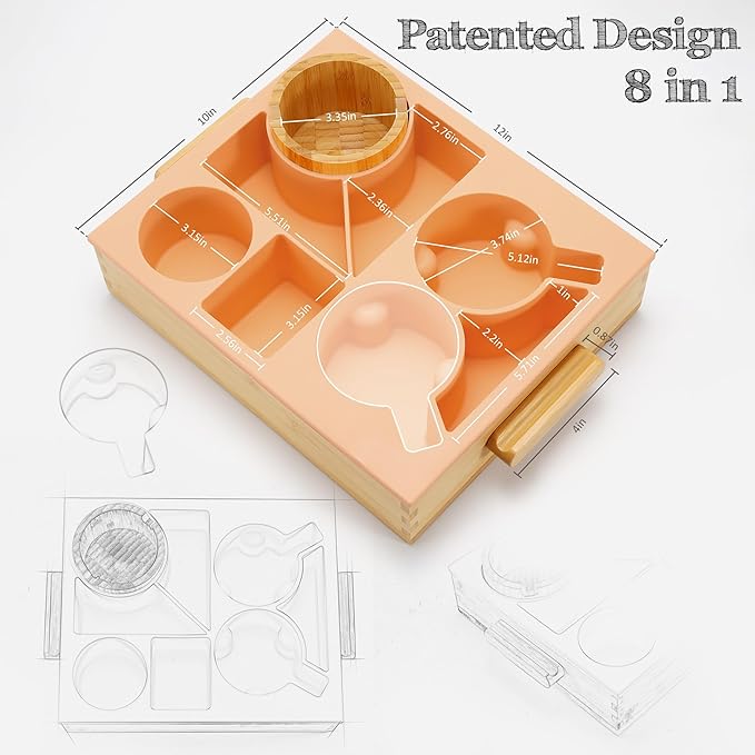 Nnewvante Snack Cup Couch Caddy, 8 in 1 Divided Serving Tray with Handle for Sofa Bed RV Car Organizer Caddy Movie Night Snack Trays, Bamboo and BPA Free Silicone, Peach