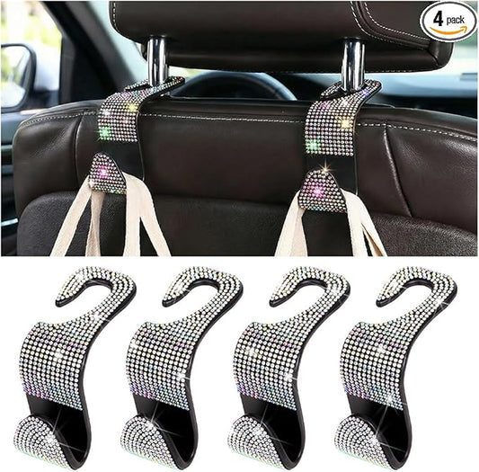 4PCS Bling Car Seat Headrest Hooks, Crystal Rhinestone Vehicle Purse Handbag Coat Hangers Holder, Automotive Interior Storage Organizer Accessories for Women Girls, Universal Fit (Multicolor)