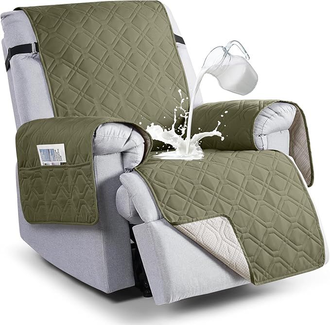 VANSOFY 100% Waterproof Recliner Chair Covers, Recliner Cover Non-Slip Dog Chair Cover Furniture Protector Washable Slipcover with Pocket, Elastic Straps for Pets, Dogs(Olive Green, 28")