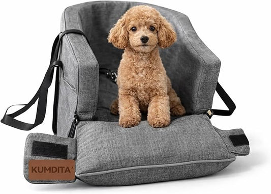 Kumdita Soft Console Dog Car Seat & Carrier for Extra Small Dogs (6–12 lbs). Cozy Center Console Pet Bed for Short Trips. Includes Safety Tether (Gray)