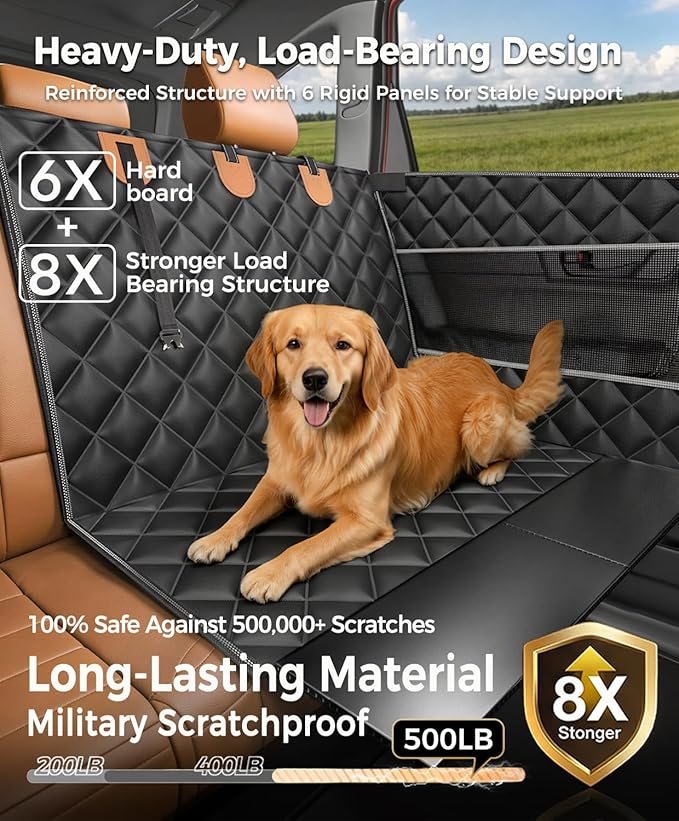 Doglike UNBREAK Dog Car Seat Cover for Back Seat [NO.1 Military-Grade Reinforced Protection], 500LB Ultra-Support Dog Carseat Hard Bottom, Waterproof Pet Carseat Dog Hammock for Cars/SUV/Truck XL Size