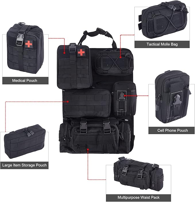 BXBXHD 6 Pack Tactical Truck Organizer Back Seat Storage Car Seat Storage Bag Molle Panels for vehicles, Car and SUV with Lots of Handy Compartments (Black)