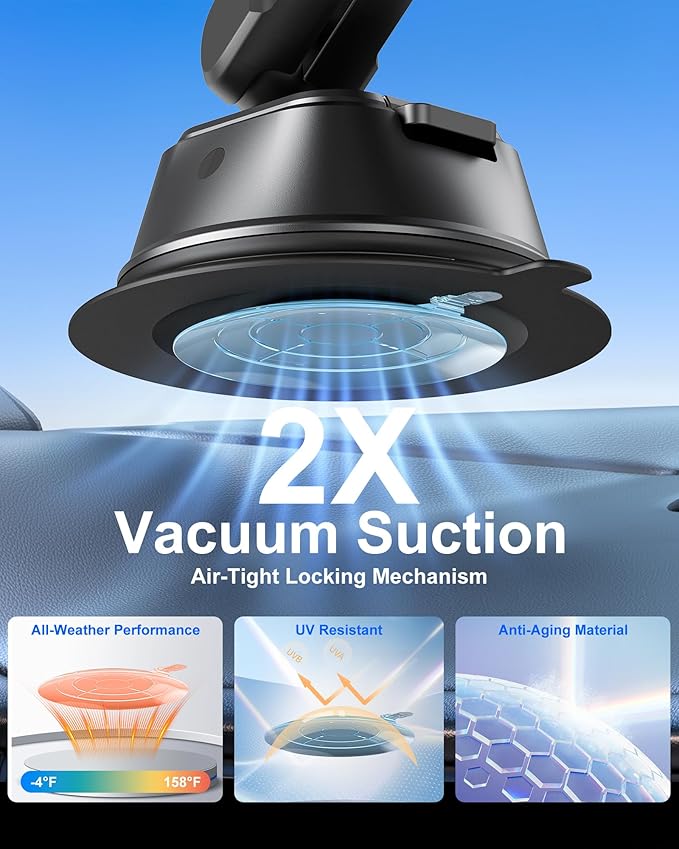 Magnetic Vacuum Suction Cup Phone Mount for Truck & Car, Heavy Duty Semi Truck Holder, 17x Strong Magnets, Adjustable Aluminum Arm Windshield Dashboard Window Mount for MagSafe iPhone 12–17 & Samsung