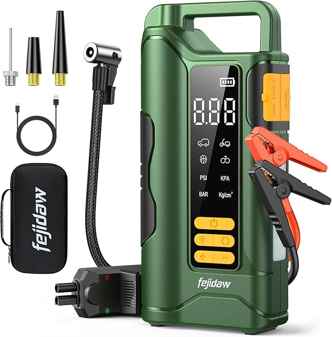Jump Starter with Air Compressor,5000A Car Battery Jumper Starter, 16000mAh Battery Jumper Starter Portable for 10L Gas/Diesel Engine with 160PSI Booster,LED Display & Light,Jumper Cables