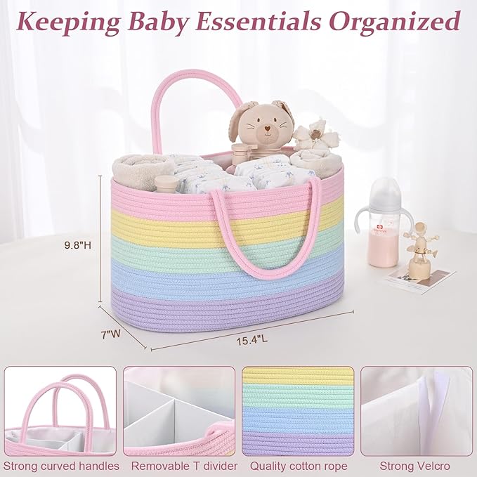19L Baby Diaper Caddy Organizer, 16.8"x9.8"x9" Cotton Rope Diaper Basket, Changing Table Storage Caddy With Removable Divider, Baby Basket for Nursery, Car, Diapers, Baby Shower Gifts for Newborn