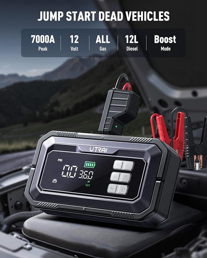 UTRAI Jump Starter with Air Compressor 150PSI, 7000A Peak 12V Jump Box for Car Battery (All Gas/12.0L Diesel), 160W DC Output Car Jumper Starter Portable, Jump Pack with OBD II Scanner, LED Light